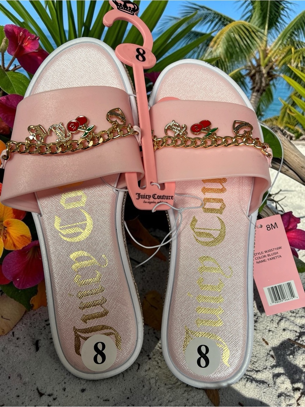 Juicy Couture Blush Pink Slip-On Slides with Gold Chain & Cherry Charms